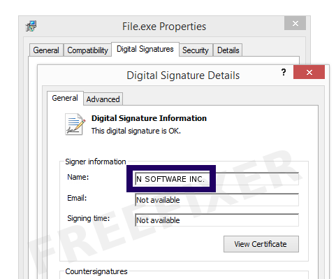 Screenshot of the N SOFTWARE INC. certificate
